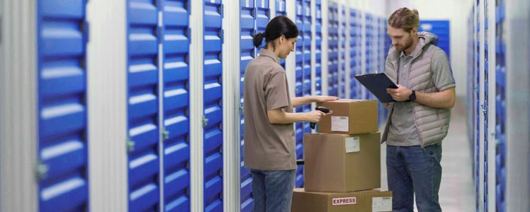 Business storer taking stock check in a self storage facility